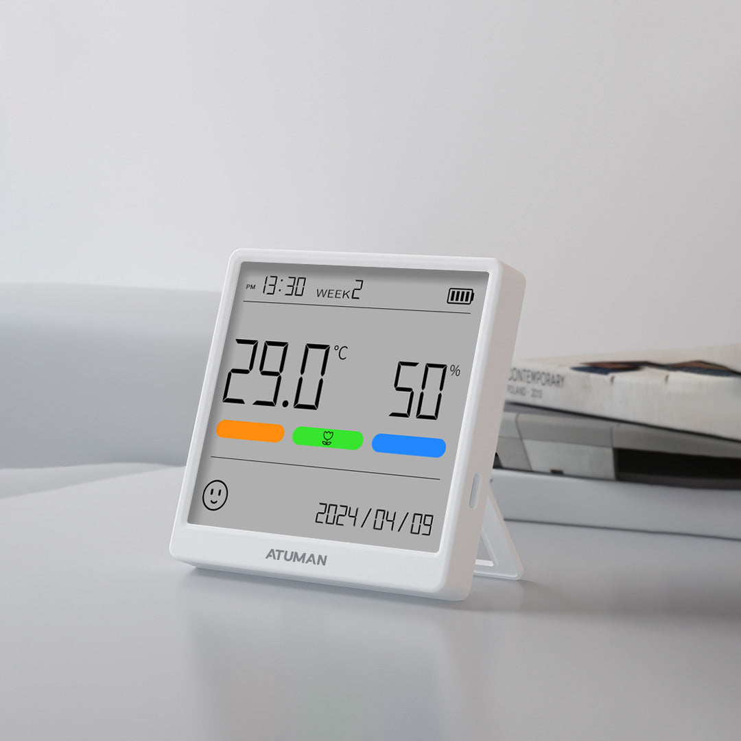ATuMan THSE Indoor Thermometer Hygrometer with LCD Display – Digital Temperature & Humidity Monitor with Clock