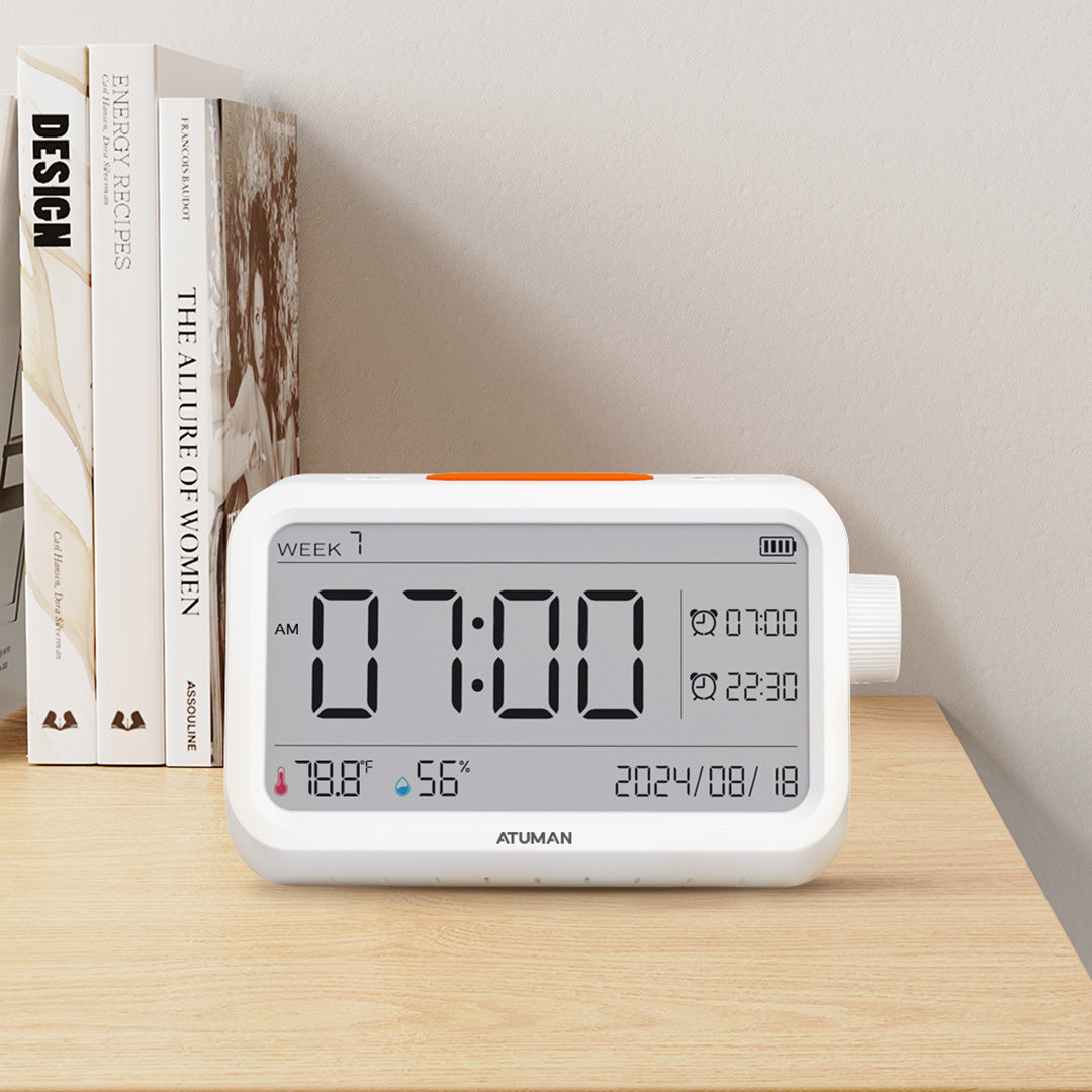 ATuMan MT2 Thermometer Hygrometer with Clock – Indoor Temperature & Humidity Monitor with Alarm and Night Light