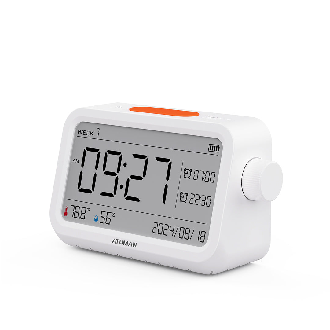 ATuMan MT2 Thermometer Hygrometer with Clock – Indoor Temperature & Humidity Monitor with Alarm and Night Light
