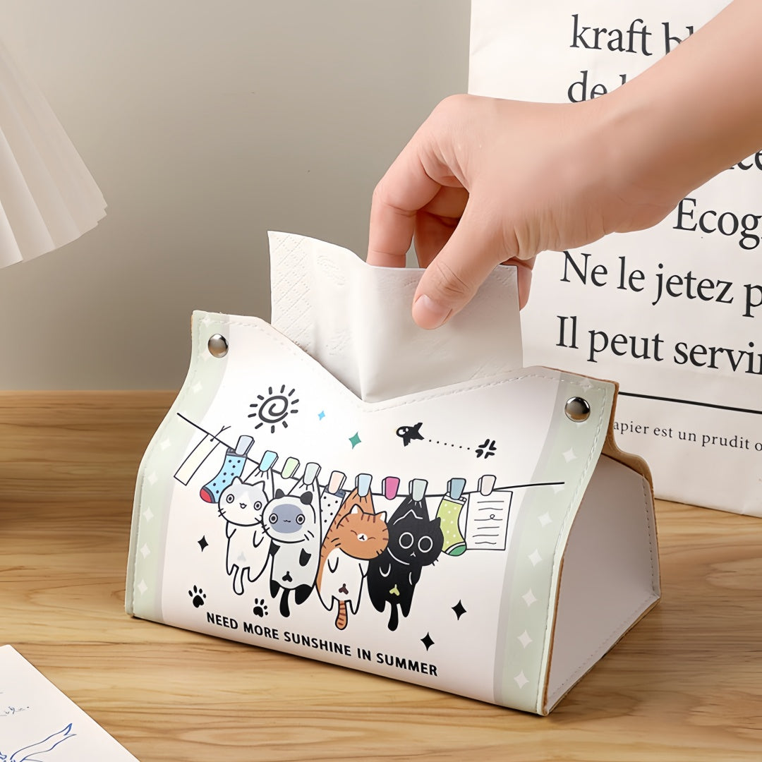 Leather Cartoon Cat Tissue Box
